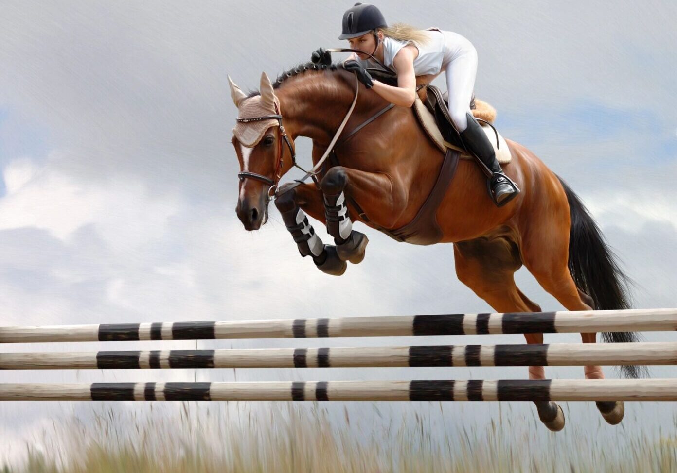 A person jumping over an obstacle on a horse.